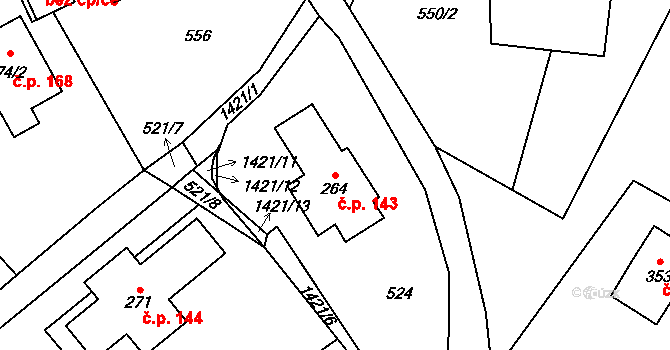 Hybrálec 143 na parcele st. 264 v KÚ Hybrálec, Katastrální mapa