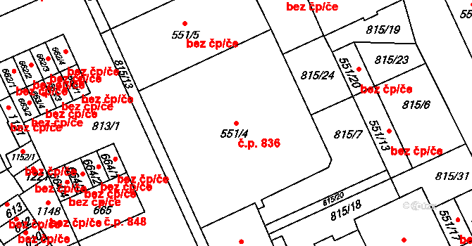 Vrahovice 836, Prostějov na parcele st. 551/4 v KÚ Vrahovice, Katastrální mapa