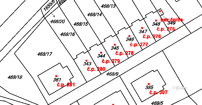 Rosice 279 na parcele st. 344 v KÚ Rosice u Chrasti, Katastrální mapa