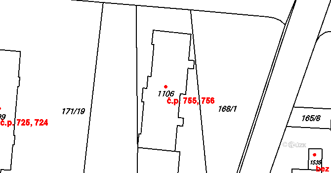 Slatiňany 755,756 na parcele st. 1106 v KÚ Slatiňany, Katastrální mapa
