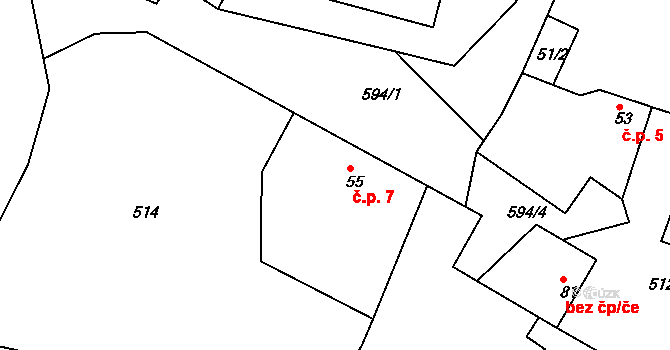 Horňátky 7, Neratovice na parcele st. 55 v KÚ Byškovice, Katastrální mapa