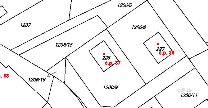 Makov 37, Jistebnice na parcele st. 228 v KÚ Makov u Jistebnice, Katastrální mapa