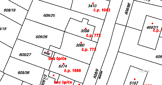 Bílé Předměstí 773, Pardubice na parcele st. 3060 v KÚ Pardubice, Katastrální mapa