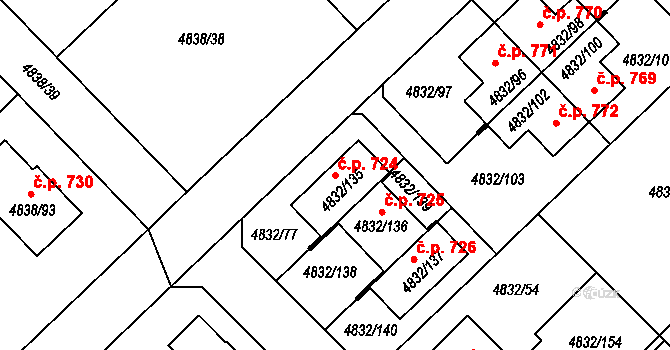 Sviadnov 724 na parcele st. 4832/135 v KÚ Sviadnov, Katastrální mapa