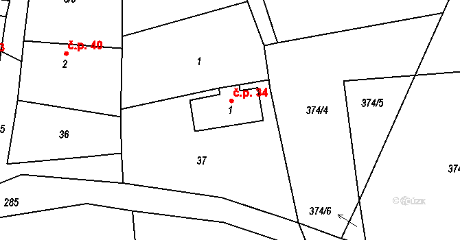 Proruby 34, Brzice na parcele st. 1 v KÚ Proruby, Katastrální mapa