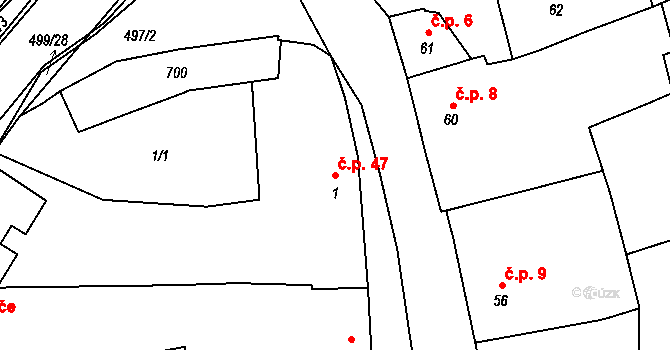 Šelešovice 47 na parcele st. 1 v KÚ Šelešovice, Katastrální mapa