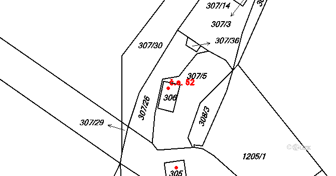 Šlovice 52, Dobřany na parcele st. 306 v KÚ Šlovice u Plzně, Katastrální mapa