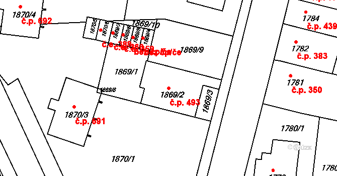Veverská Bítýška 493 na parcele st. 1869/2 v KÚ Veverská Bítýška, Katastrální mapa