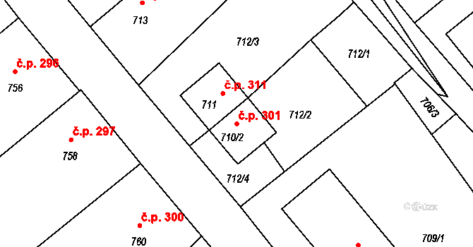 Stonařov 301 na parcele st. 710/2 v KÚ Stonařov, Katastrální mapa