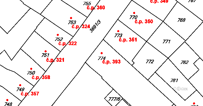 Vyškov-Předměstí 393, Vyškov na parcele st. 774 v KÚ Vyškov, Katastrální mapa