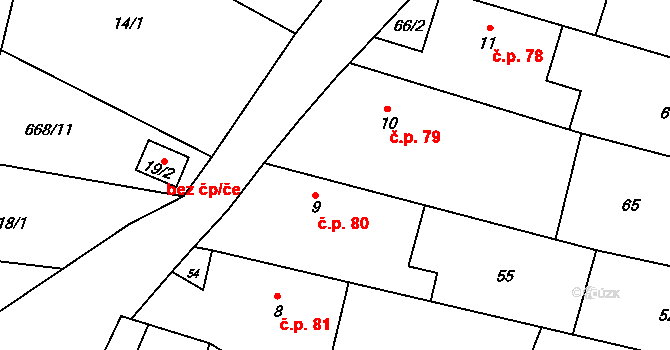 Rudíkovy 80, Třemešná na parcele st. 9 v KÚ Rudíkovy, Katastrální mapa