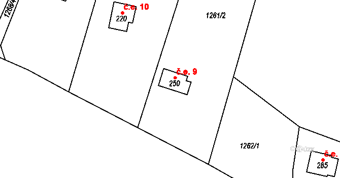 Třemblat 9, Ondřejov na parcele st. 250 v KÚ Třemblat, Katastrální mapa