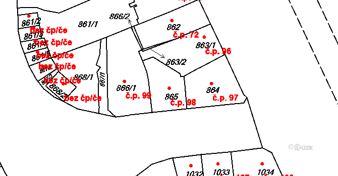 Klíše 98, Ústí nad Labem na parcele st. 865 v KÚ Klíše, Katastrální mapa