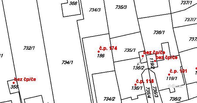 Unčín 174, Krupka na parcele st. 186 v KÚ Unčín u Krupky, Katastrální mapa