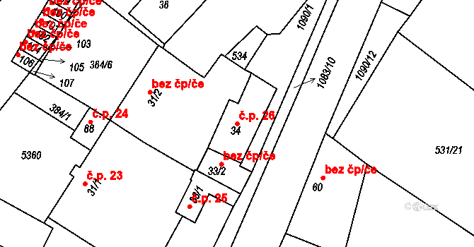 Menhartice 26 na parcele st. 34 v KÚ Menhartice, Katastrální mapa