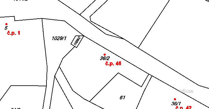 Roučkovice 46, Pacov na parcele st. 36/2 v KÚ Roučkovice, Katastrální mapa