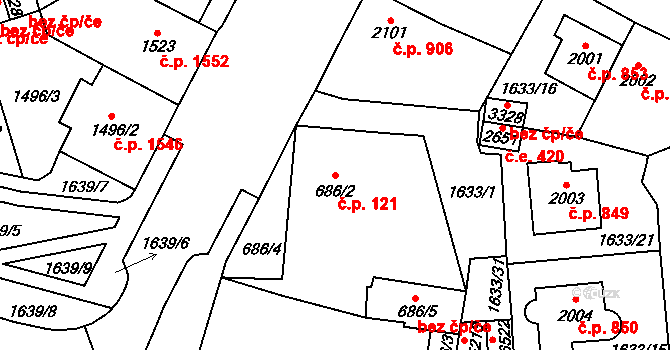 Cheb 121 na parcele st. 686/2 v KÚ Cheb, Katastrální mapa
