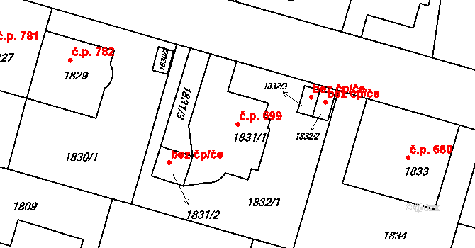 Střešovice 699, Praha na parcele st. 1831/1 v KÚ Střešovice, Katastrální mapa