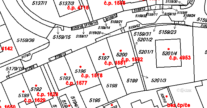 Chomutov 1581 na parcele st. 5197 v KÚ Chomutov I, Katastrální mapa
