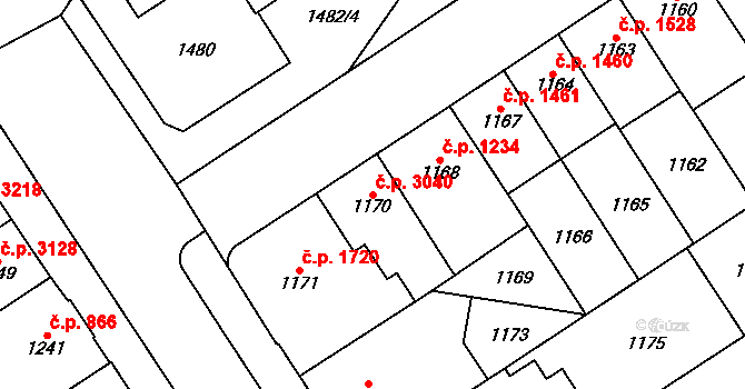 Chomutov 3040 na parcele st. 1170 v KÚ Chomutov I, Katastrální mapa
