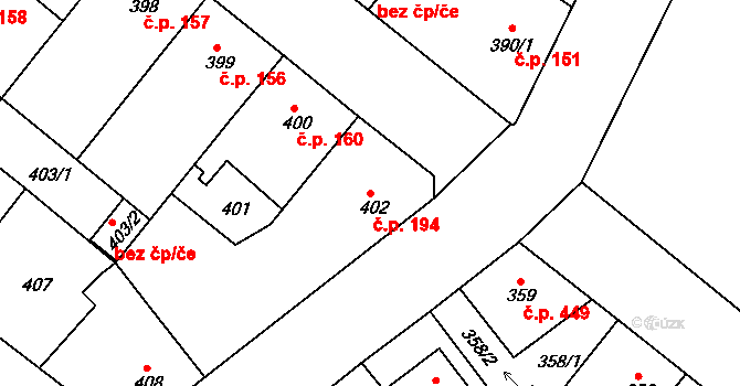 Božkov 194, Plzeň na parcele st. 402 v KÚ Božkov, Katastrální mapa