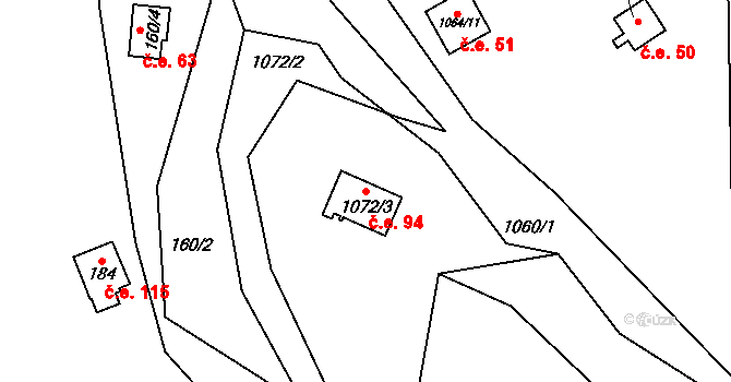 Hradiště 94, České Lhotice na parcele st. 1072/3 v KÚ České Lhotice, Katastrální mapa