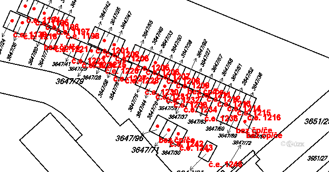 Znojmo 1232 na parcele st. 3647/76 v KÚ Znojmo-město, Katastrální mapa