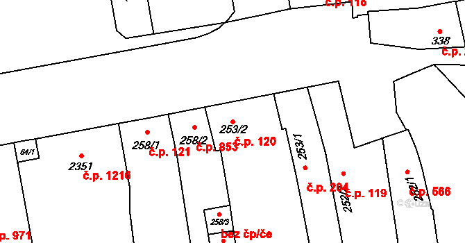 Malenovice 120, Zlín na parcele st. 253/2 v KÚ Malenovice u Zlína, Katastrální mapa