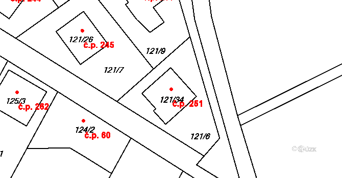 Chuchelná 251 na parcele st. 121/34 v KÚ Chuchelná, Katastrální mapa