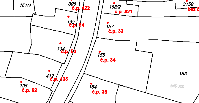Milevsko 34 na parcele st. 155 v KÚ Milevsko, Katastrální mapa