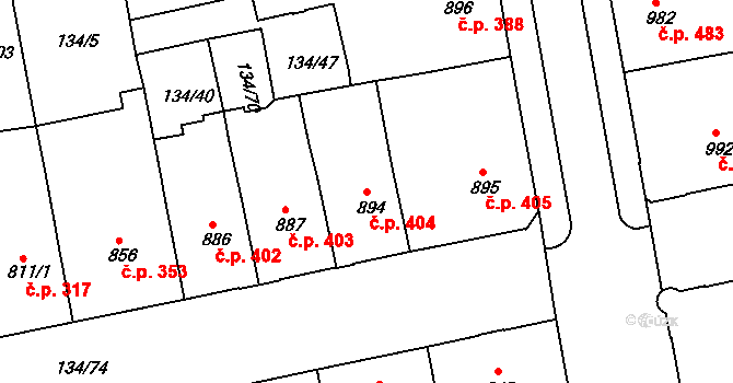 Zelené Předměstí 404, Pardubice na parcele st. 894 v KÚ Pardubice, Katastrální mapa