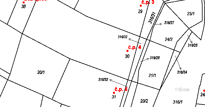 Housko 4, Vysočany na parcele st. 30 v KÚ Housko, Katastrální mapa