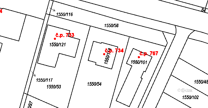 Miřetice u Klášterce nad Ohří 734, Klášterec nad Ohří na parcele st. 1550/118 v KÚ Miřetice u Klášterce nad Ohří, Katastrální mapa