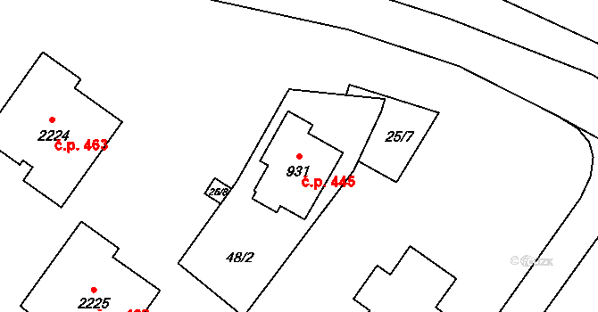 Frenštát pod Radhoštěm 445 na parcele st. 931 v KÚ Frenštát pod Radhoštěm, Katastrální mapa