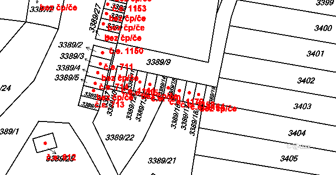 Líšeň 1179, Brno na parcele st. 3389/15 v KÚ Líšeň, Katastrální mapa