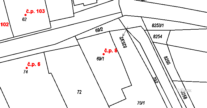 Velké Hostěrádky 8 na parcele st. 69/1 v KÚ Velké Hostěrádky, Katastrální mapa