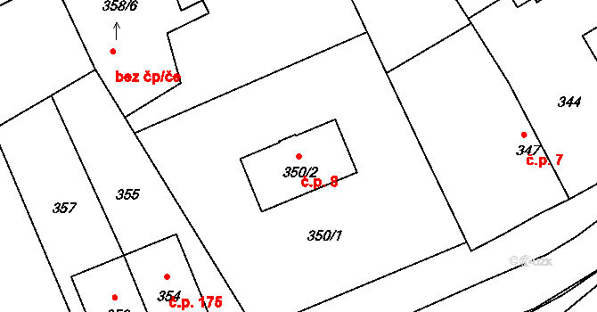 Drahelice 8, Nymburk na parcele st. 350/2 v KÚ Drahelice, Katastrální mapa