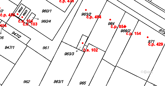 Hrušovany u Brna 102 na parcele st. 963/3 v KÚ Hrušovany u Brna, Katastrální mapa