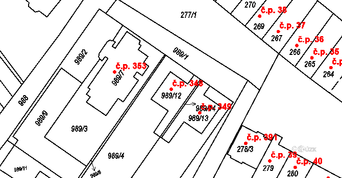 Šaratice 348 na parcele st. 989/12 v KÚ Šaratice, Katastrální mapa