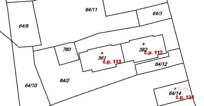 Štolmíř 113, Český Brod na parcele st. 361 v KÚ Štolmíř, Katastrální mapa