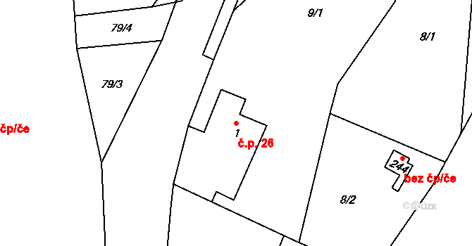 Moravská Chrastová 26, Brněnec na parcele st. 1 v KÚ Moravská Chrastová, Katastrální mapa