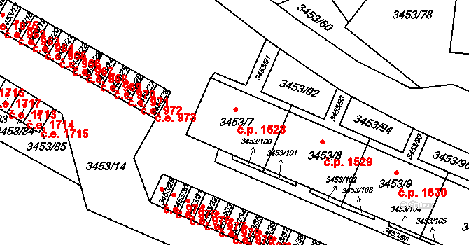Děčín VI-Letná 1528, Děčín na parcele st. 3453/7 v KÚ Podmokly, Katastrální mapa