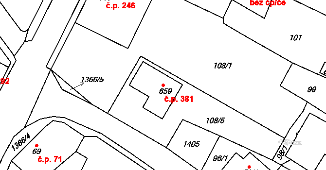 Miletín 381 na parcele st. 659 v KÚ Miletín, Katastrální mapa