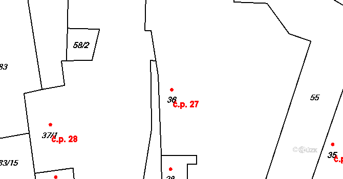 Milejovice 27 na parcele st. 36 v KÚ Milejovice, Katastrální mapa