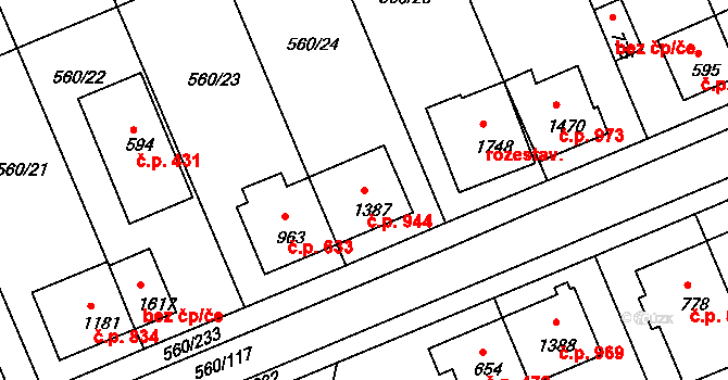 Podklášteří 944, Třebíč na parcele st. 1387 v KÚ Podklášteří, Katastrální mapa