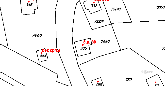 Mukařov 88, Malá Skála na parcele st. 305 v KÚ Mukařov u Jablonce nad Nisou, Katastrální mapa
