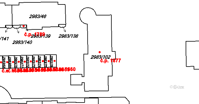 Pelhřimov 1877 na parcele st. 2983/102 v KÚ Pelhřimov, Katastrální mapa