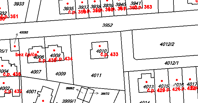 Záběhlice 433, Praha na parcele st. 4010 v KÚ Záběhlice, Katastrální mapa
