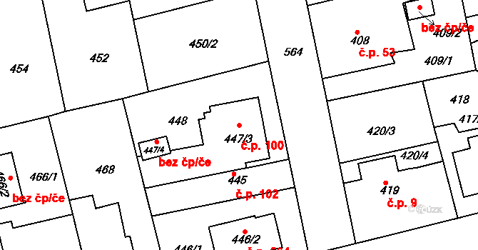 Horní Měcholupy 100, Praha na parcele st. 447/3 v KÚ Horní Měcholupy, Katastrální mapa