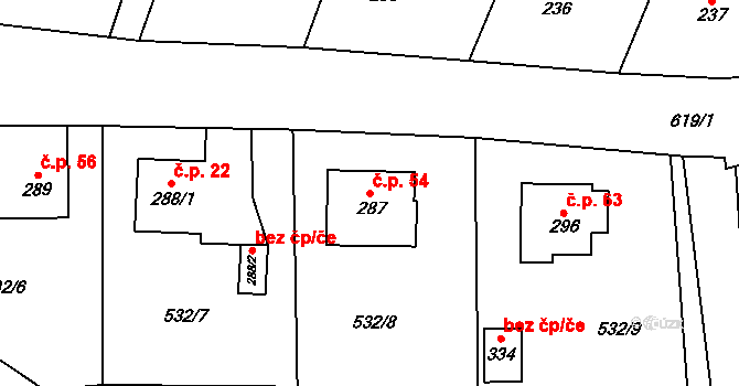 Tihava 54, Kotopeky na parcele st. 287 v KÚ Kotopeky, Katastrální mapa